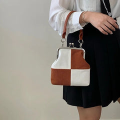 Checkered Corduroy Crossbody Bag for Women Retro Clip Small Messenger Bag