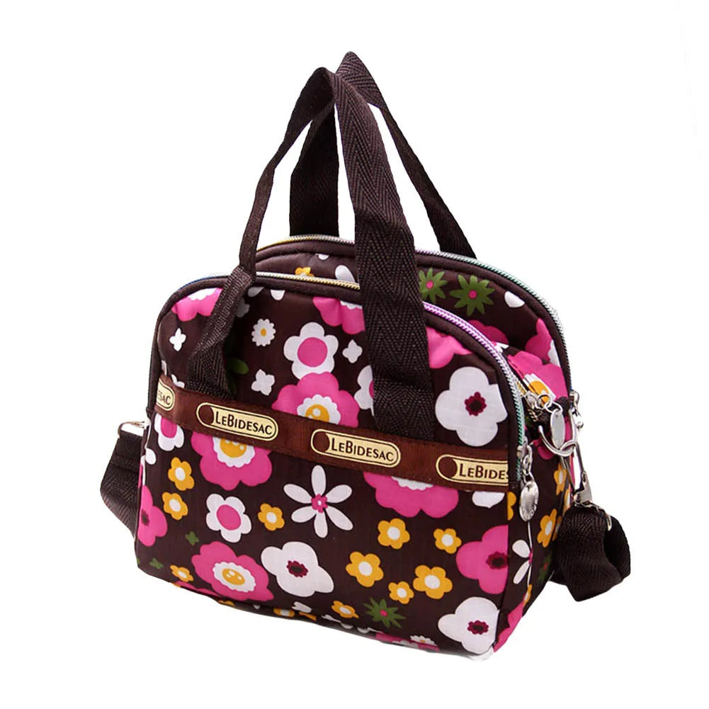 Floral Print Women Pocket Zipper Tote Handbag Nylon Crossbody Bag