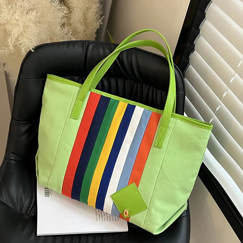 Rainbow Striped Canvas Tote Bag Women's One-Shoulder Large Casual Capacity