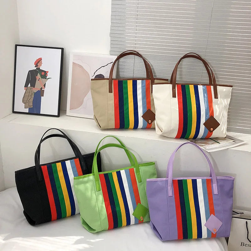 Rainbow Striped Canvas Tote Bag Women's One-Shoulder Large Casual Capacity