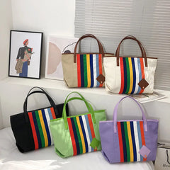 Rainbow Striped Canvas Tote Bag Women's One-Shoulder Large Casual Capacity