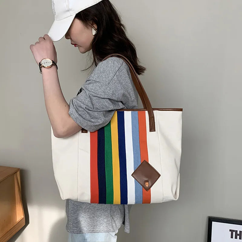 Rainbow Striped Canvas Tote Bag Women's One-Shoulder Large Casual Capacity