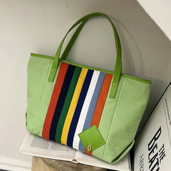 Rainbow Striped Canvas Tote Bag Women's One-Shoulder Large Casual Capacity