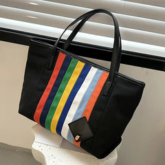 Rainbow Striped Canvas Tote Bag Women's One-Shoulder Large Casual Capacity