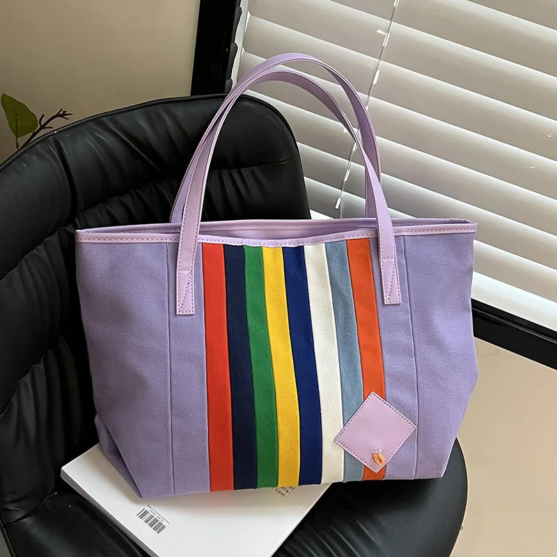 Rainbow Striped Canvas Tote Bag Women's One-Shoulder Large Casual Capacity