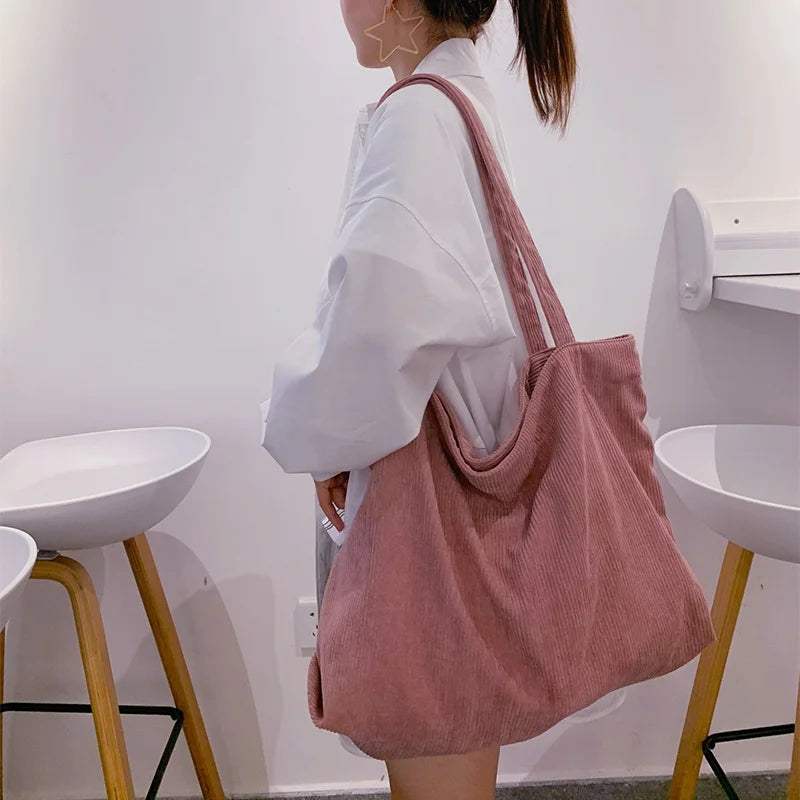 Corduroy Shopper Tote Bag for Women Canvas Shoulder Handbag
