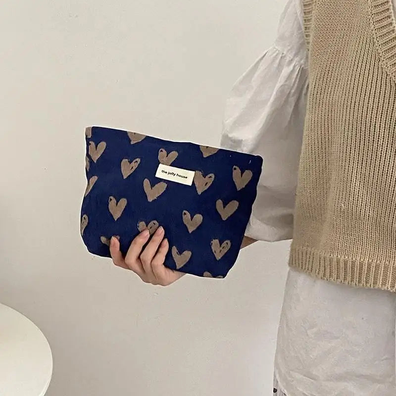 Corduroy Heart Pattern Print Cosmetic Bag Wash Bag Women Travel Cosmetic Pouch