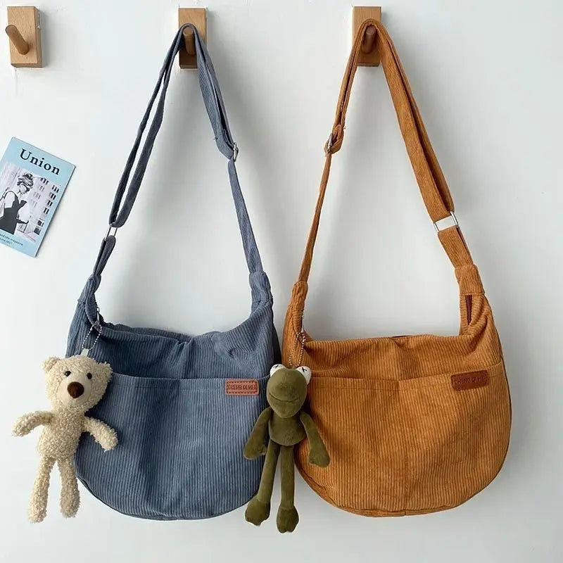 Corduroy Shoulder Bag Crossbody Messenger School Handbag for Women Girls