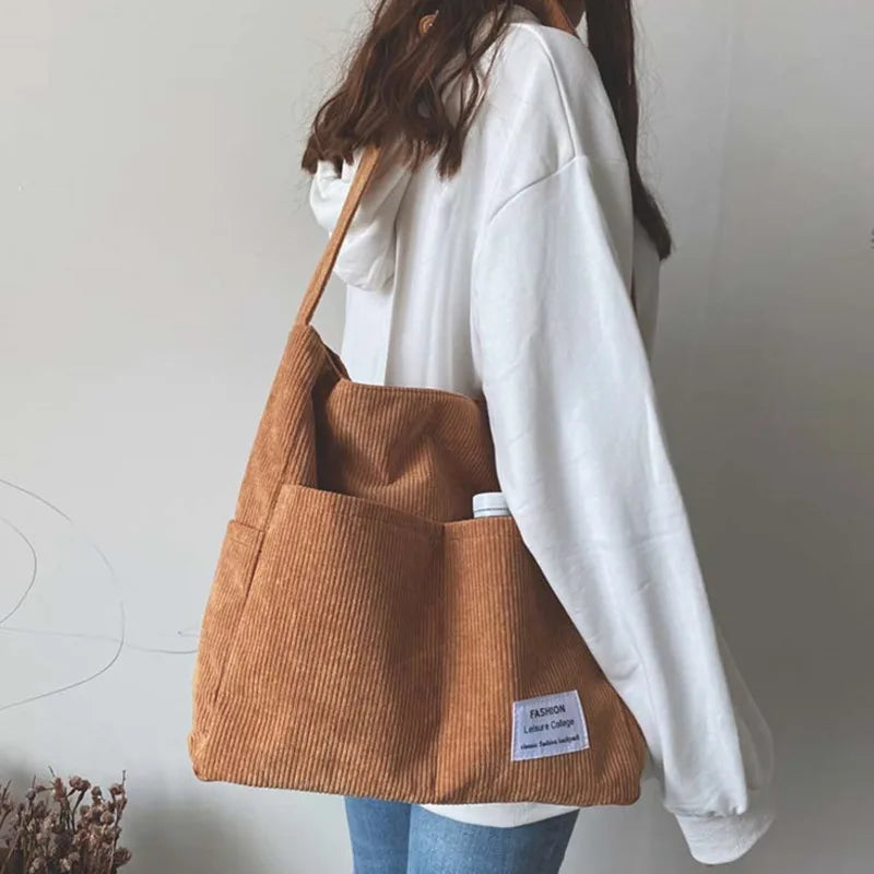 Corduroy Shoulder Bag Women College Style Crossbody Large Capacity