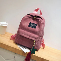 Corduroy Tassel Mini Backpack Solid Leisure Small Zipper Travel Bag