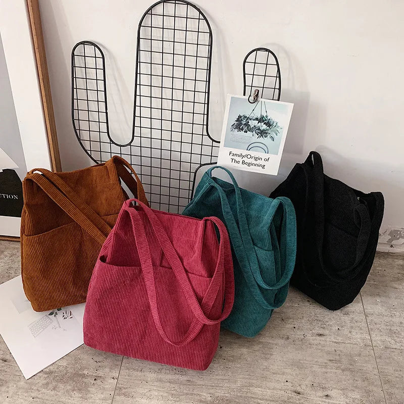 Corduroy Totes Bag Shoulder Handbag with Inner Pocket for School Work Travel