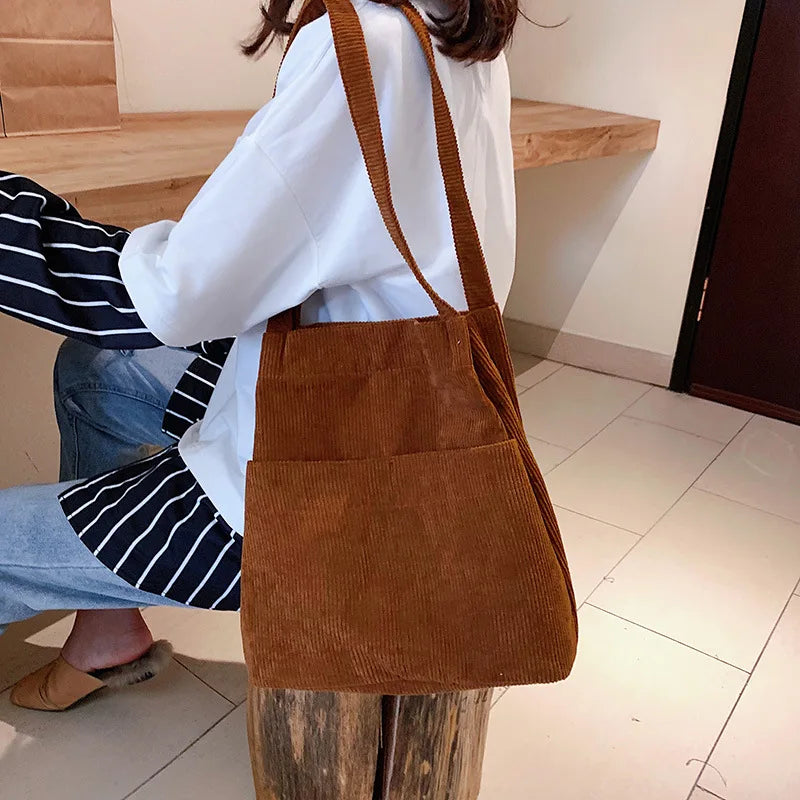 Corduroy Totes Bag Shoulder Handbag with Inner Pocket for School Work Travel
