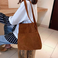 Corduroy Totes Bag Shoulder Handbag with Inner Pocket for School Work Travel