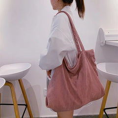 Corduroy Totes Bags for Women Zipper Eco Large Capacity Winter Shoulder Bags
