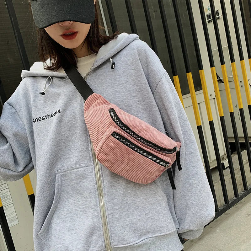 Women's Corduroy Waist Chest Bag Zipper