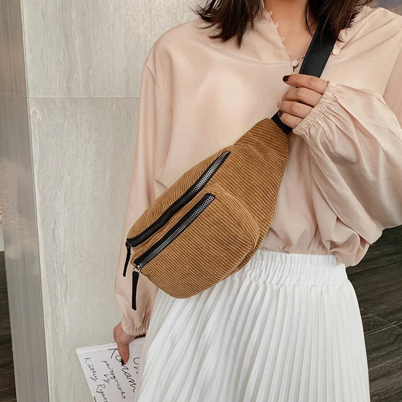 Corduroy Zipper Waist Bag for Women