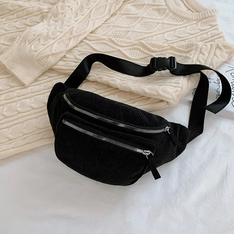 Women's Corduroy Waist Bag Chest Zipper