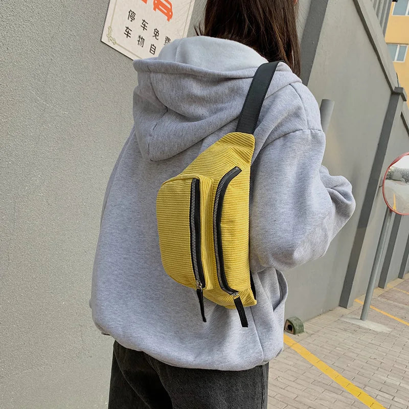 Corduroy Zipper Waist Bag for Women