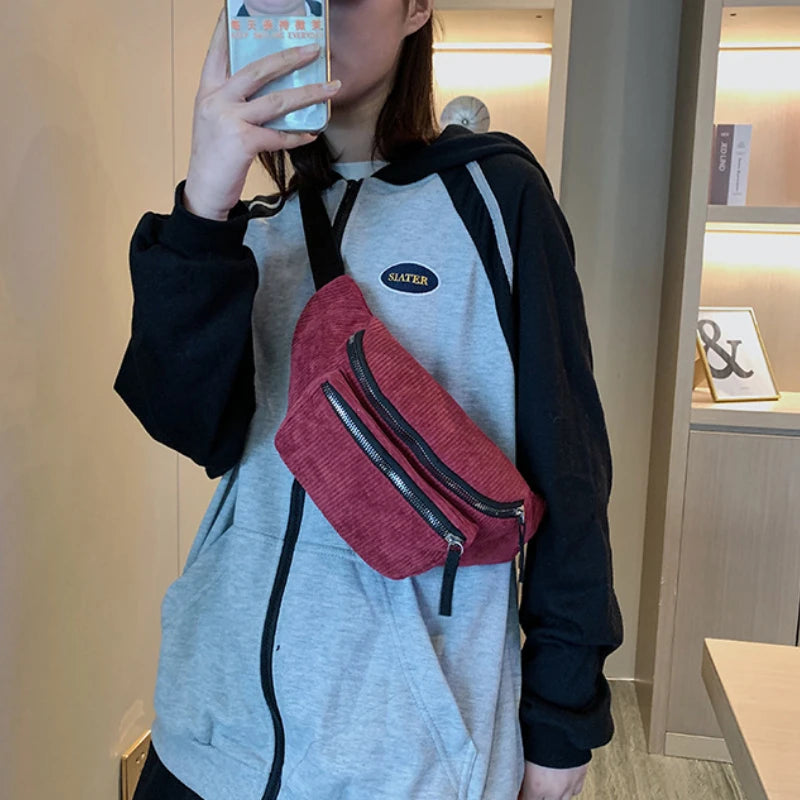 Women's Corduroy Waist Bag Chest Zipper