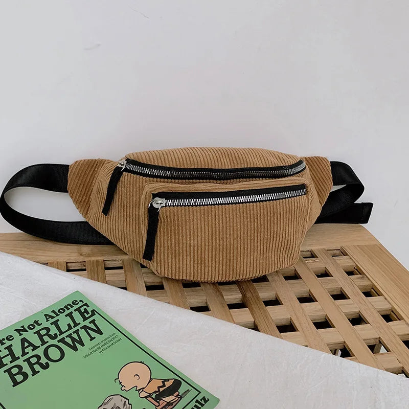 Women's Corduroy Waist Bag Chest Zipper