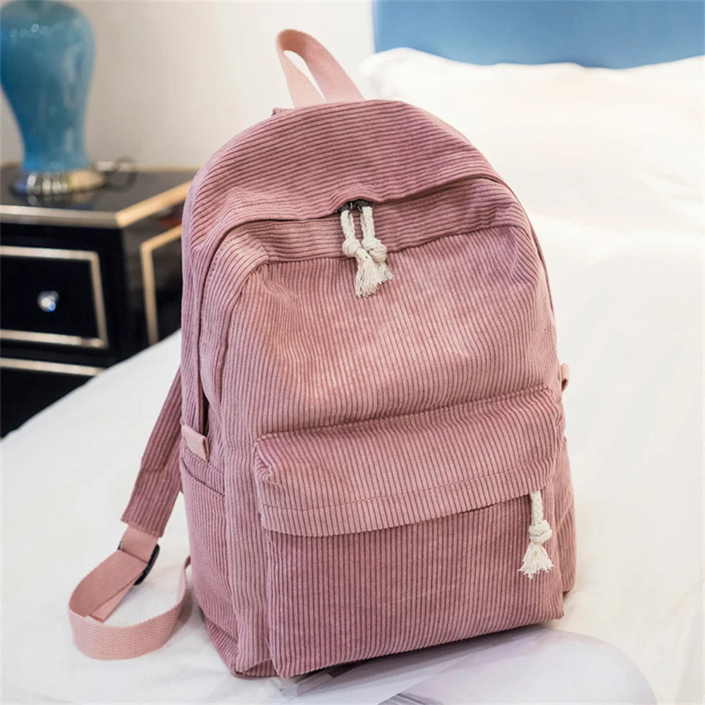 Corduroy Women Backpack School Backpacks For Teenage Girls Striped Rucksack