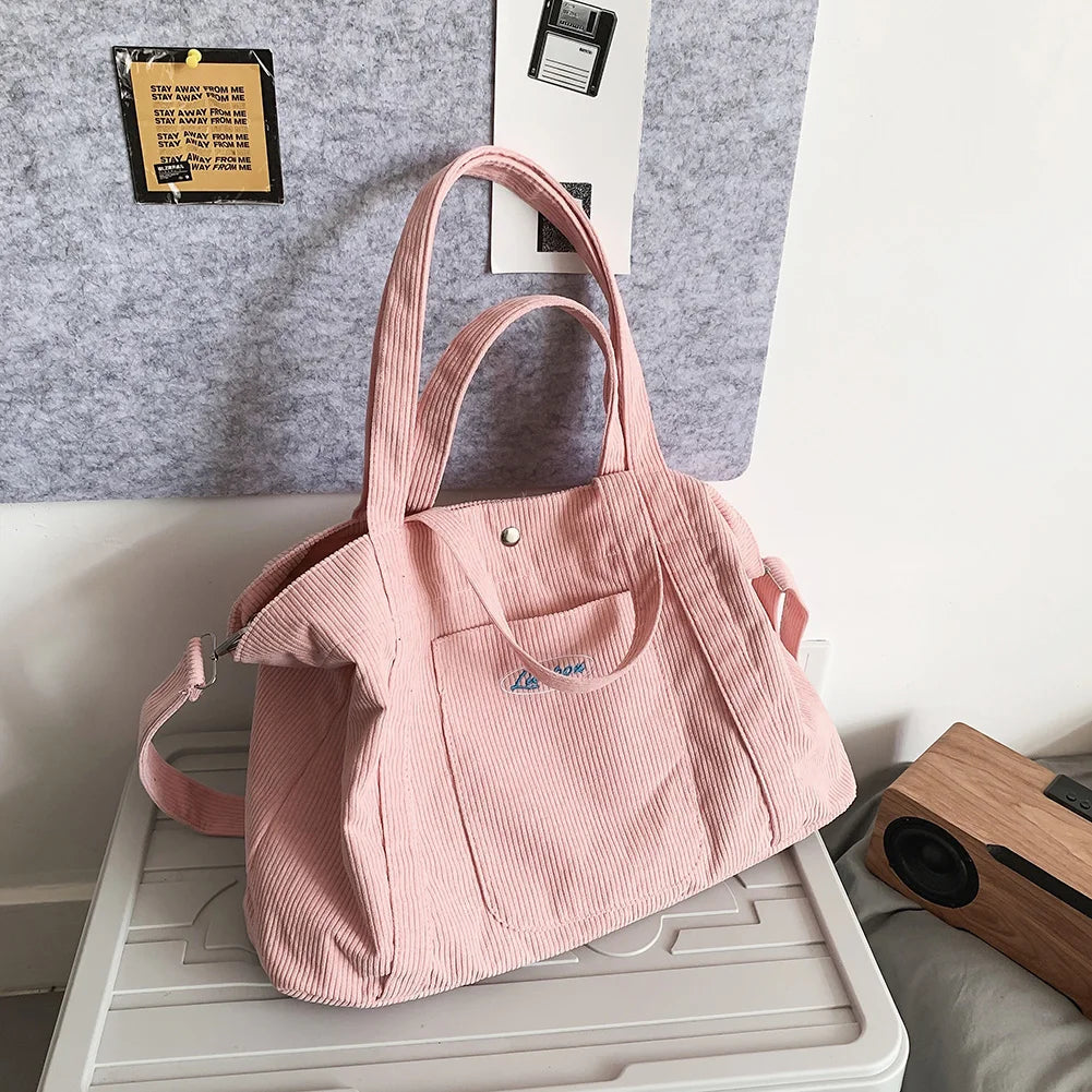 Corduroy Women Crossbody Bag Large Capacity Striped Soft Travel Shoulder Bag