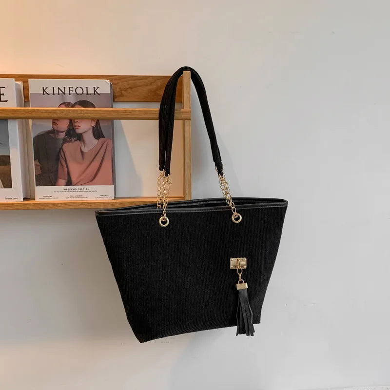 Corduroy Large Capacity Tote Bag for Women Handbag Chain Pouch