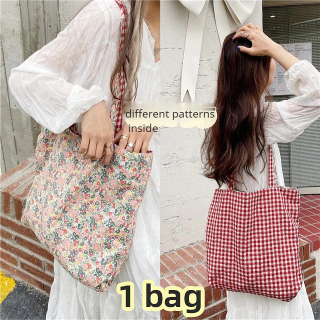 Retro Plaid Floral Shoulder Bag Double-sided Women Canvas Tote Handbags