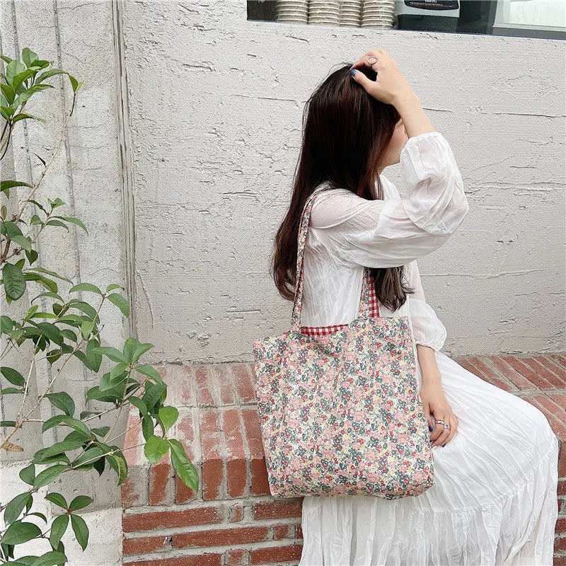 Retro Plaid Floral Shoulder Bag Double-sided Women Canvas Tote Handbags