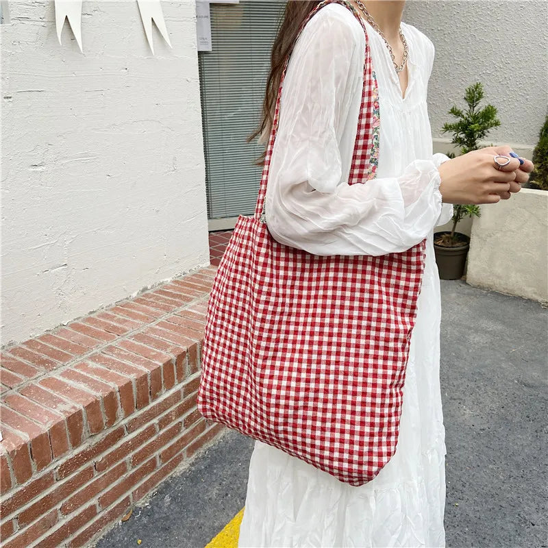 Retro Plaid Floral Shoulder Bag Double-sided Women Canvas Tote Handbags