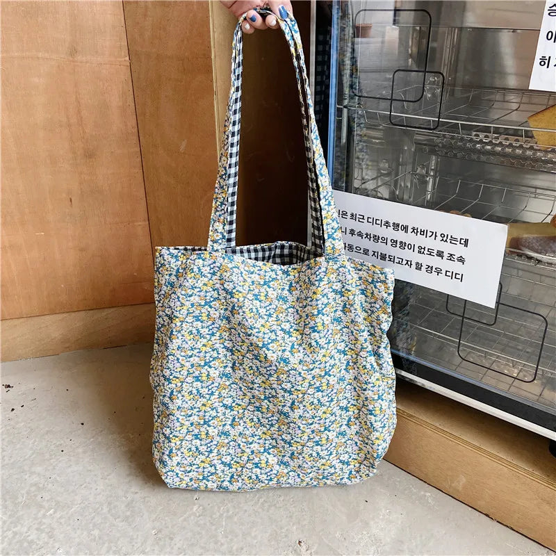 Retro Plaid Floral Shoulder Bag Double-sided Women Canvas Tote Handbags