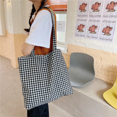 Retro Plaid Floral Shoulder Bag Double-sided Women Canvas Tote Handbags