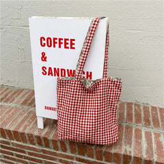 Retro Plaid Floral Shoulder Bag Double-sided Women Canvas Tote Handbags