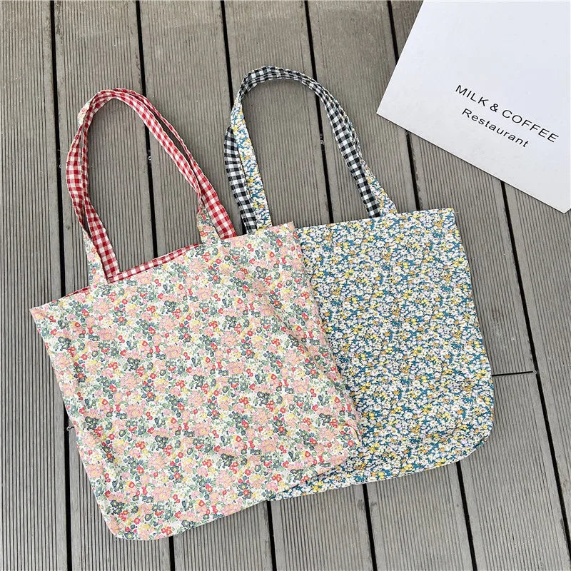 Retro Plaid Floral Shoulder Bag Double-sided Women Canvas Tote Handbags