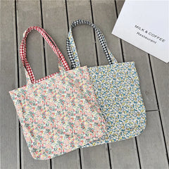 Retro Plaid Floral Shoulder Bag Double-sided Women Canvas Tote Handbags