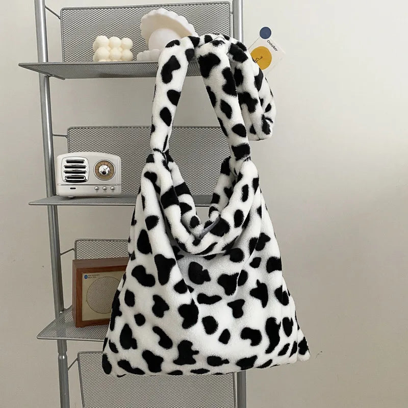 Cow Bear Pattern Shoulder Bags Large Capacity Ladies Fluffy Plush Totes