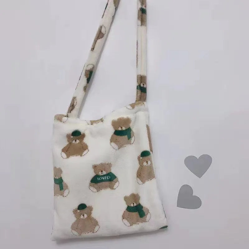 Cow Bear Pattern Shoulder Bags Large Capacity Ladies Fluffy Plush Totes