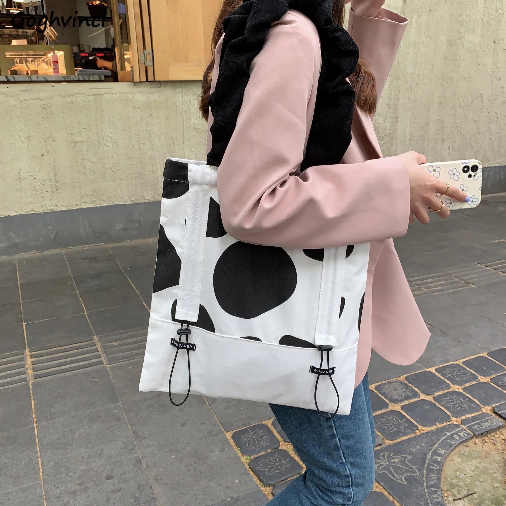 Cow Print Shoulder Bags Women Canvas Large Capacity Students All-match