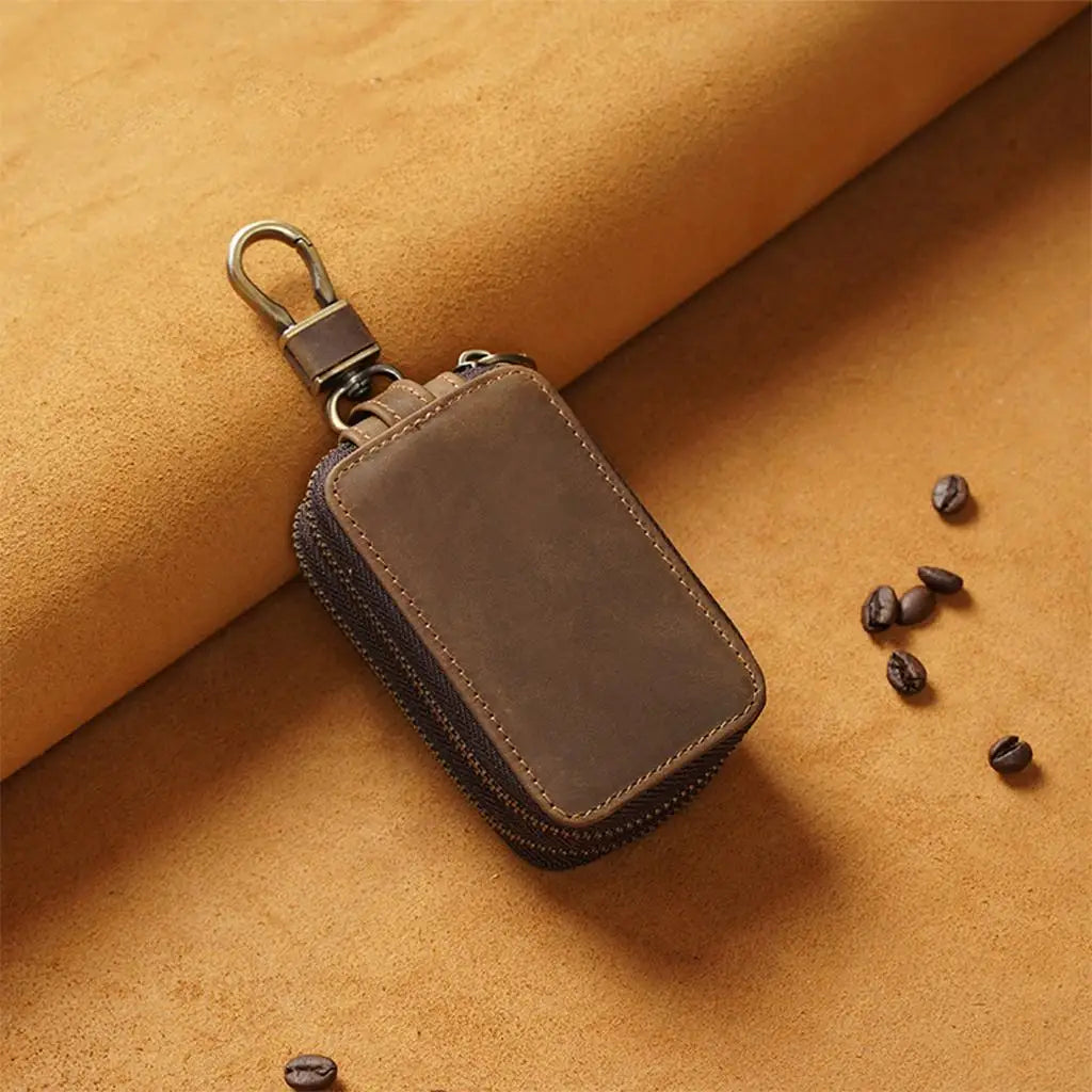 Cowhide Key Holder Case Car Keychain Wallet Dual Zipper