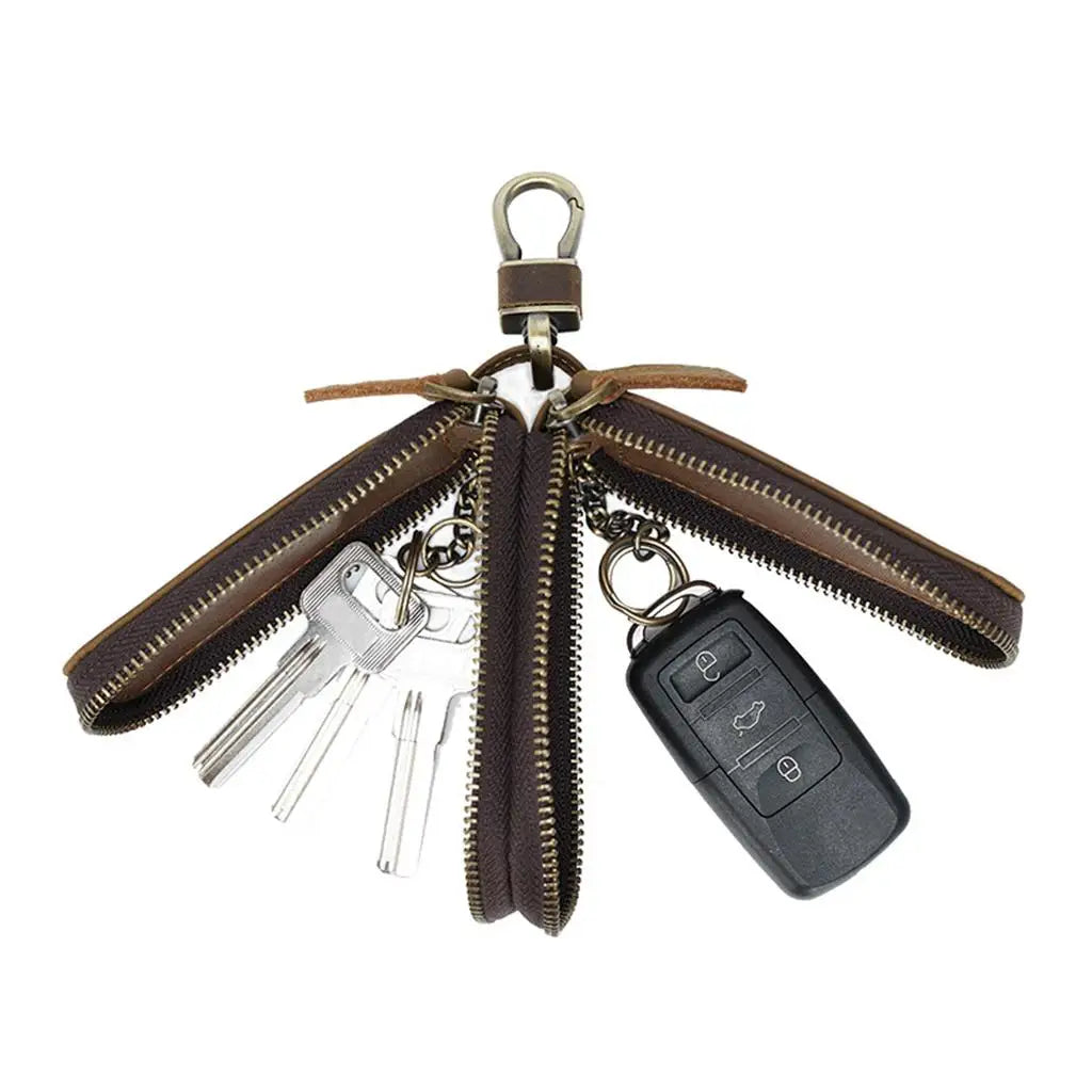 Cowhide Key Holder Case Car Keychain Wallet Dual Zipper