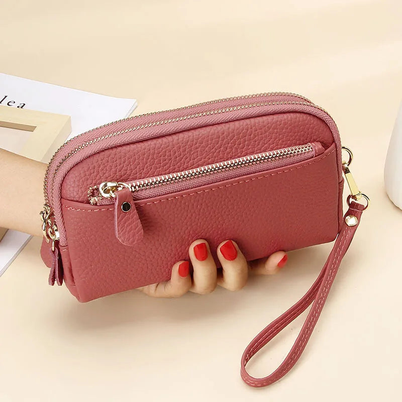 Cowhide Ladies Clutch Bag Large Capacity Zipper Phone Purse Leather Long Wallet