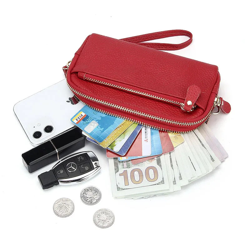 Cowhide Ladies Clutch Bag Large Capacity Zipper Phone Purse Leather Long Wallet