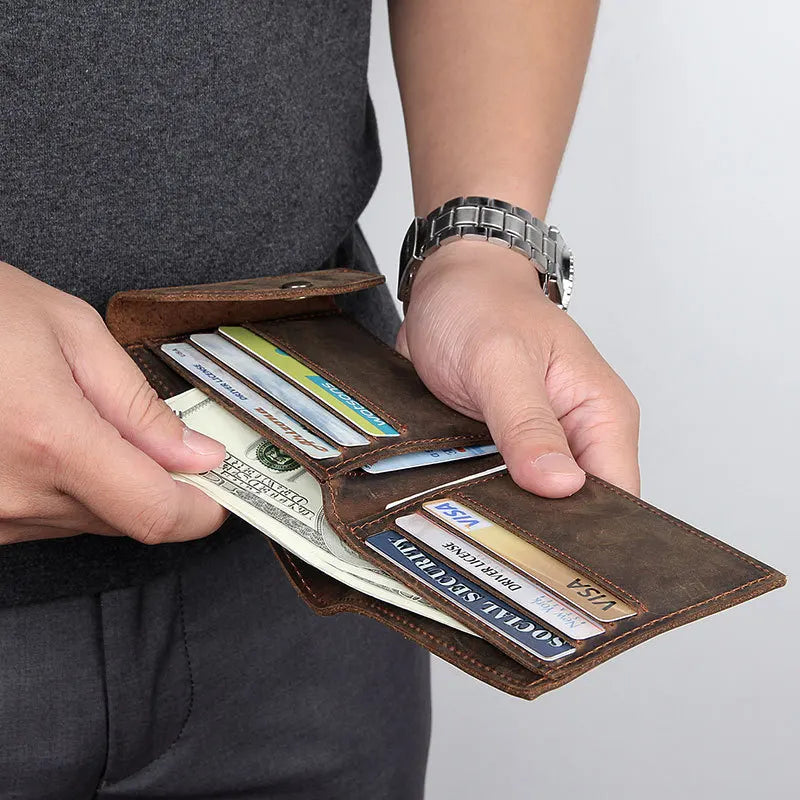 Crazy Horse Leather Men Hasp Wallets Retro Minimalist Purse Male Money Bag