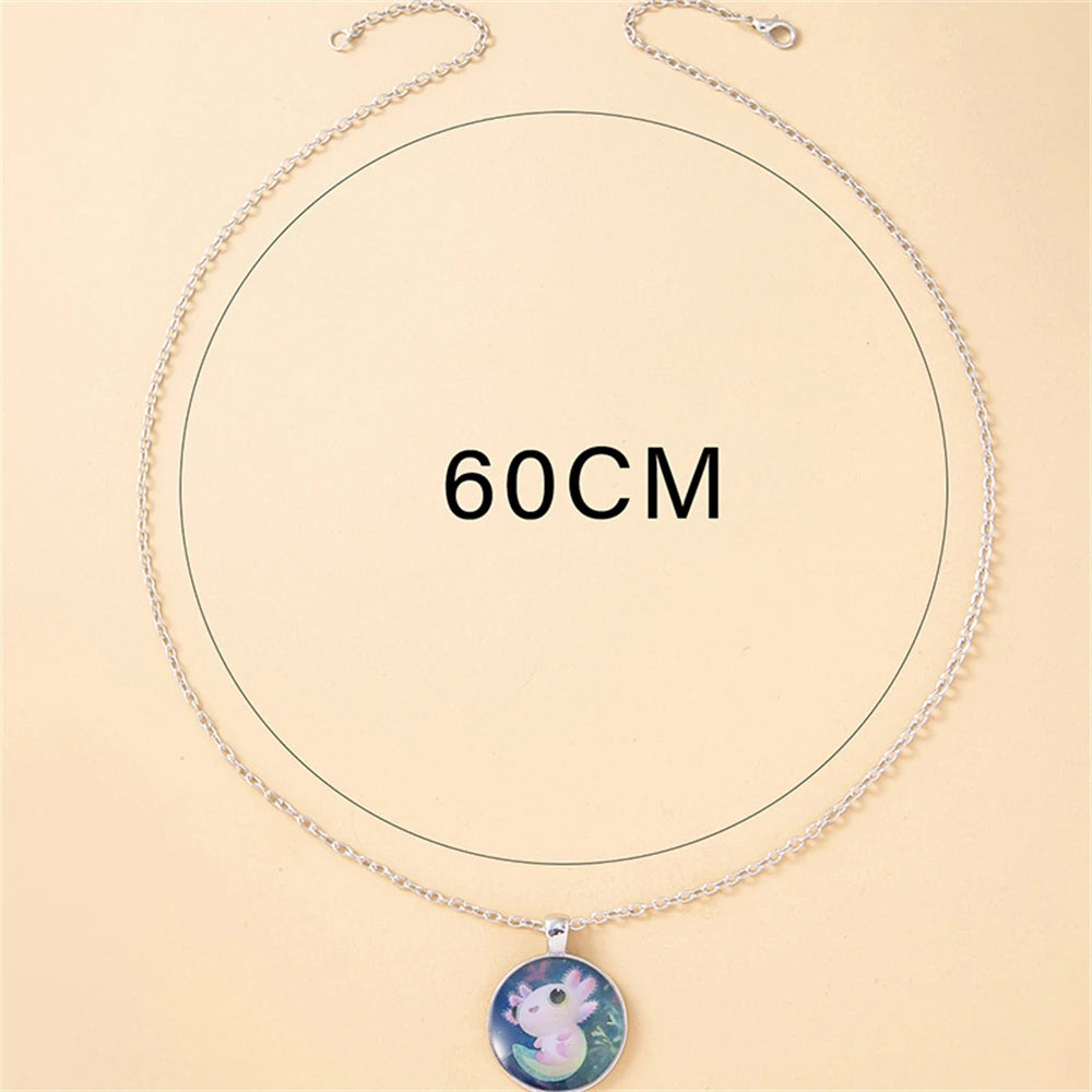 Cartoon Pink Axolotl Glass Pendant Necklace for Women Round Party Animal Jewelry