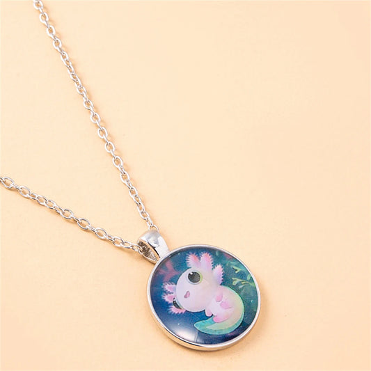 Cartoon Pink Axolotl Glass Pendant Necklace for Women Round Party Animal Jewelry