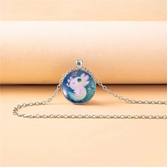 Cartoon Pink Axolotl Glass Pendant Necklace for Women Round Party Animal Jewelry