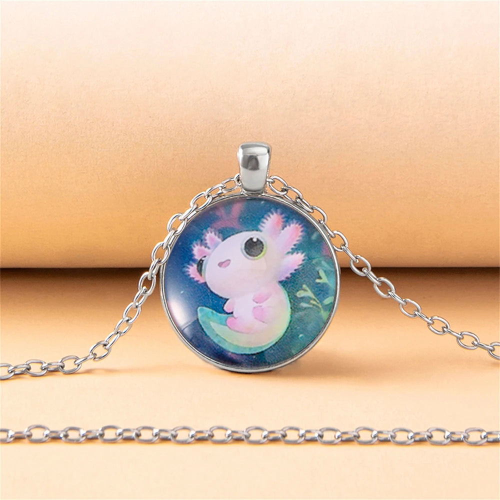 Cartoon Pink Axolotl Glass Pendant Necklace for Women Round Party Animal Jewelry