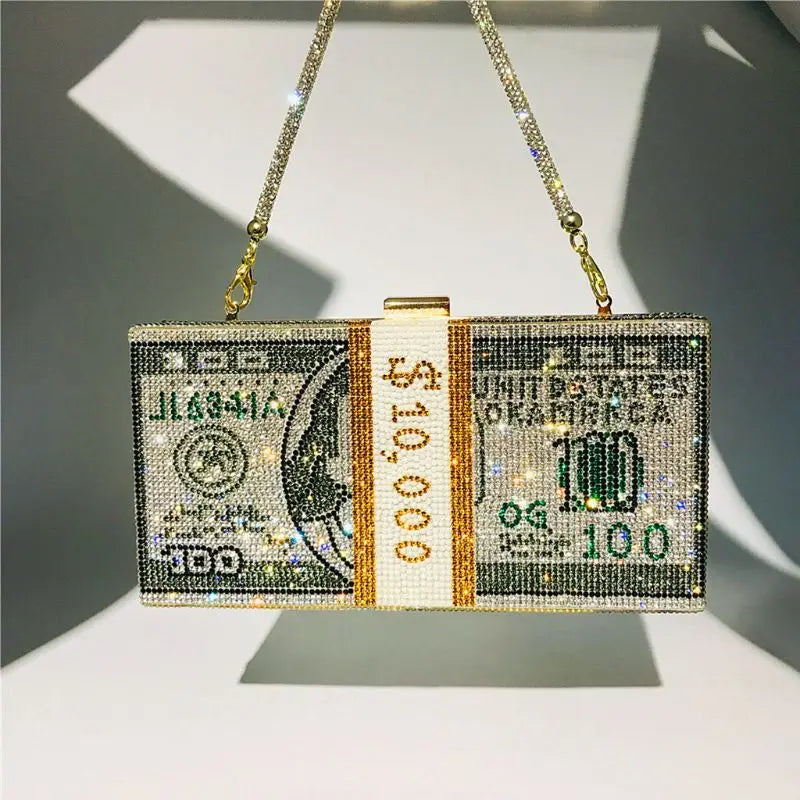 Rhinestone Money Clutch Purse - 10000 Dollars Stack Bags