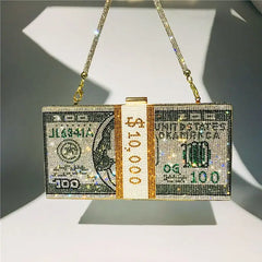 Rhinestone Money Clutch Purse - 10000 Dollars Stack Bags