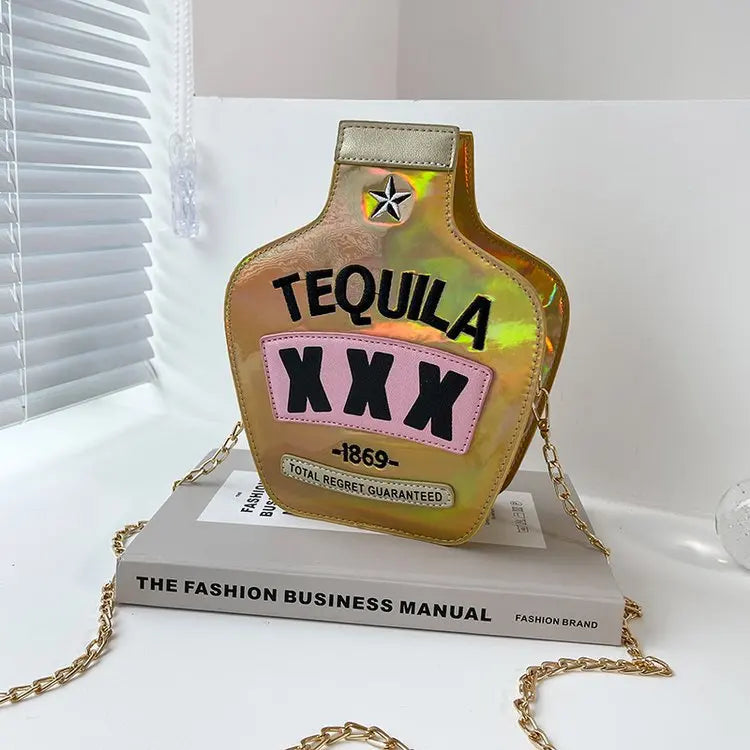 Fun Embroidery Letters Chain Purses Handbags Tequila Wine Bottle Shoulder Bags